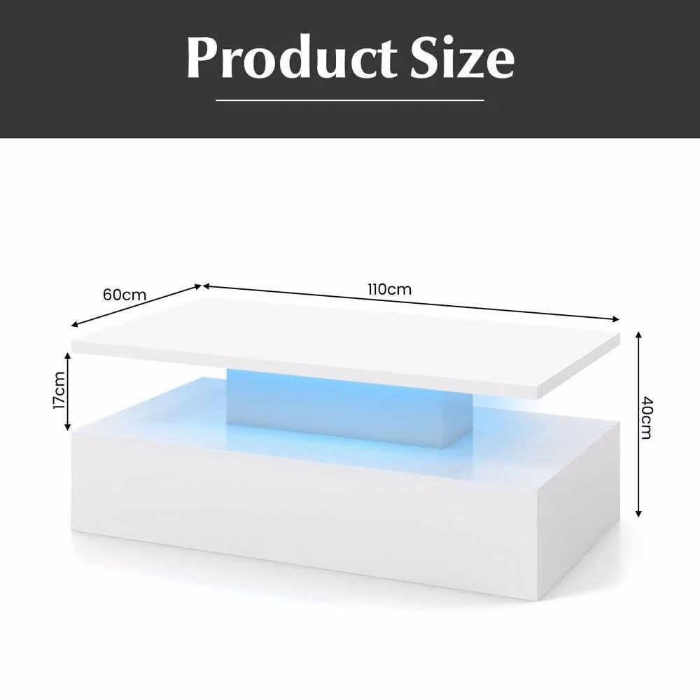 Costway Modern 2-Tier White Glossy Coffee Table with LED Light – 2