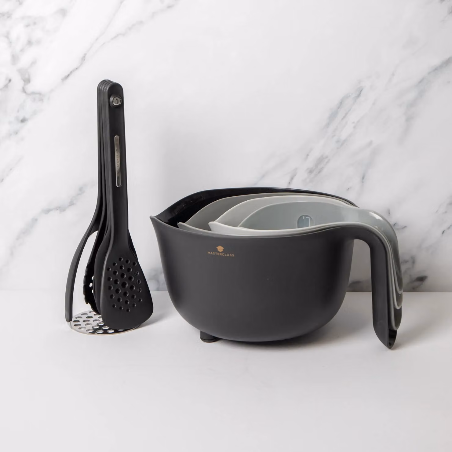 MasterClass 9pc Grey Silicone Kitchen Tools Bundle including Mixing Bowl, Colander, Measuring Jugs, Spatulas, Cooking Spoon, Pasta Server and Masher – 2