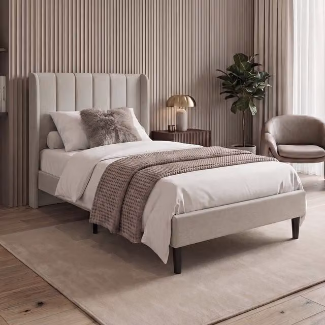 Vida Designs Modern Upholstered Single Bed in Beige, W/D/H: 104.0 x 160 x 200 cm