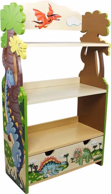 Teamson Kids Dinosaur Kingdom Wooden Bookcase Display Storage for Children, Green and Multicolour
