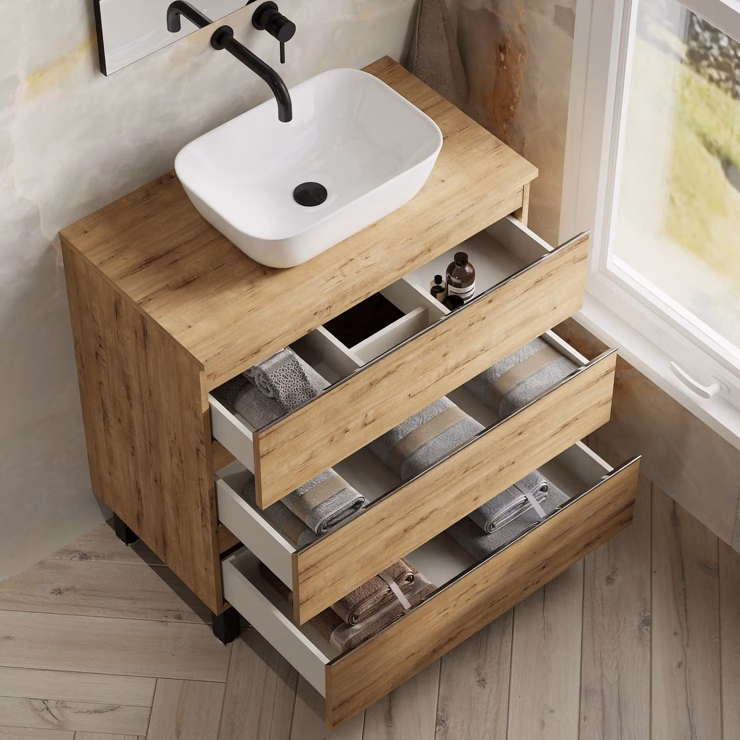 Banyetti Vatilla 800mm Floorstanding Bathroom Vanity with Matching Worktop in Light Oak – 2