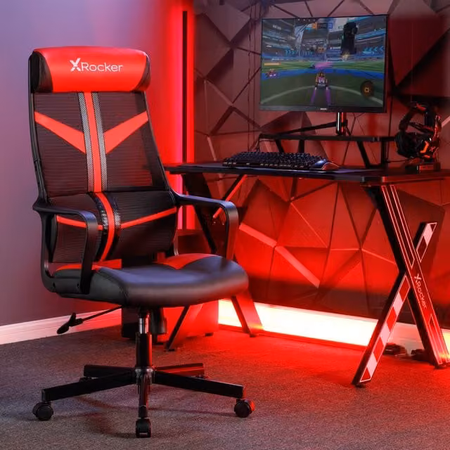 X Rocker Childrens Sporty Gaming Chair in Black and Red with Mesh and Synthetic Leather