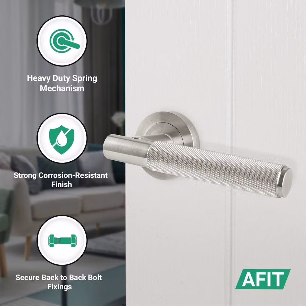 AFIT Knurled Round Rose Door Handles with Latch in Satin Nickel Silver, 5 Pairs – 2
