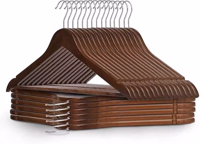Dyzi 20 Pack Brown Wooden Clothes Hangers with Non-Slip Bar, Notches and Swivel Hook