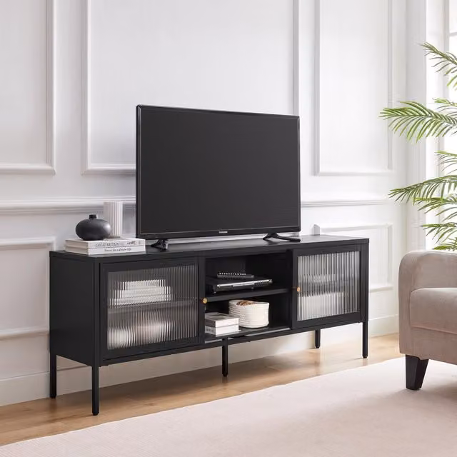 FurnitureboxUK Kafe Industrial Black Metal and Gold TV Sideboard with 6 Media Compartments – 1