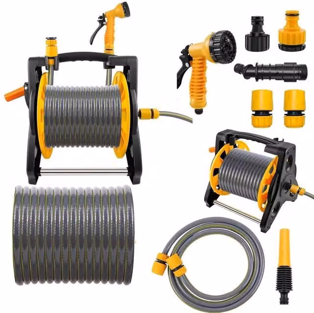 FLAVORA Freestanding Garden Hose Reel Trolley with 15m Water Pipe in Black – 1