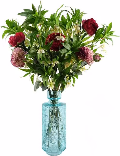 Pink and Turquoise Geometric Glass Vase with Leaf Detail, H 40 cm x W 16 cm x D 16 cm