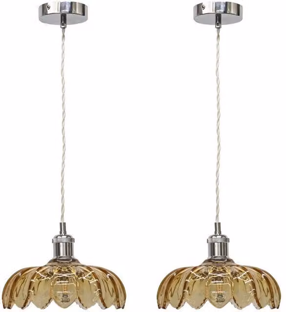 First Choice Lighting Alice Set of 2 Amber Leaf Design Glass Pendant Shades with Chrome Flex Set – 1
