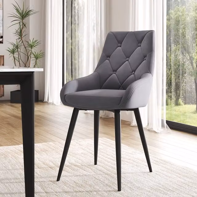 Livingandhome Grey Velvet Button-Tufted Dining Chair with Metal Legs