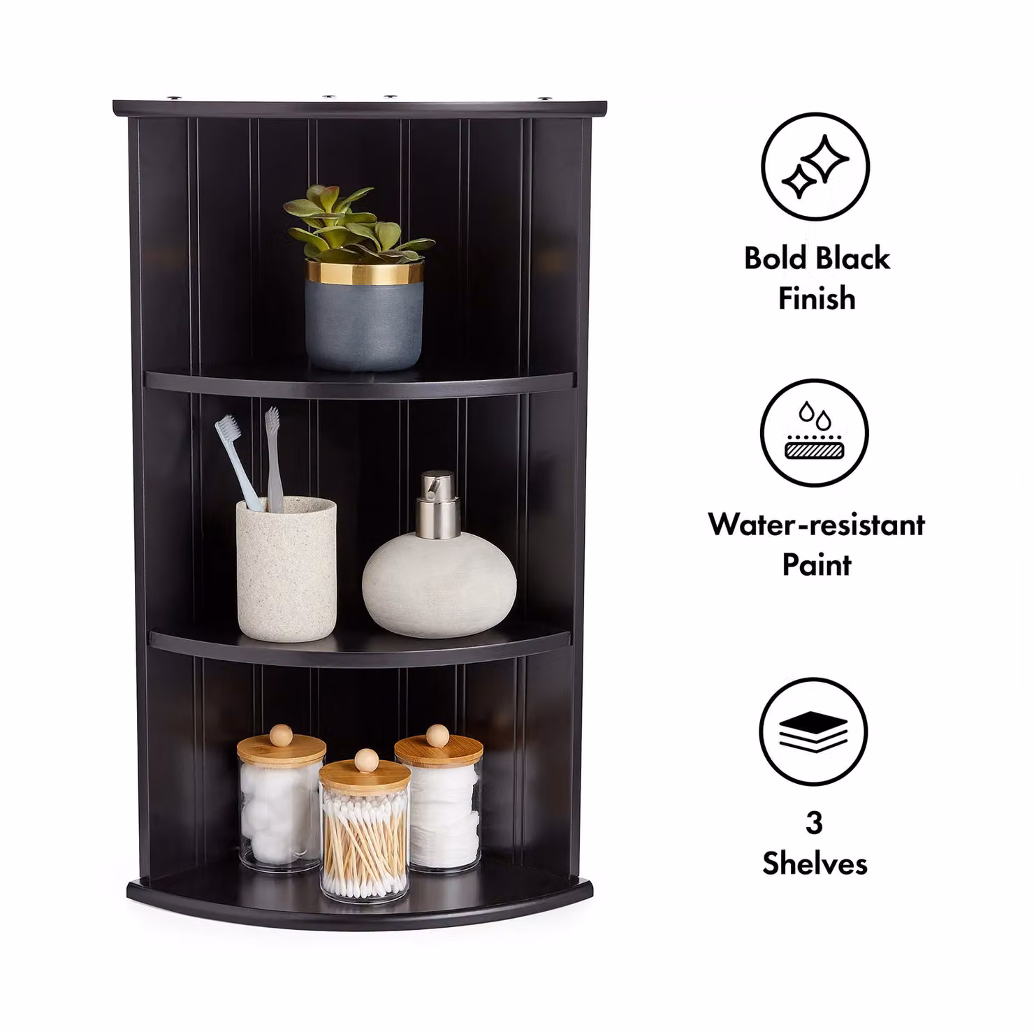 VonHaus 3 Tier Black Corner Shelf Unit - Wall Mounted or Freestanding MDF Storage for Bathroom, Living Room and Kitchen - W/D/H: 25.5 x 25.5 x 61.0 cm – 4