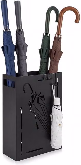 Gymax Metal Cutout Umbrella Stand with 4 Hanging Hooks and Removable Tray, Black