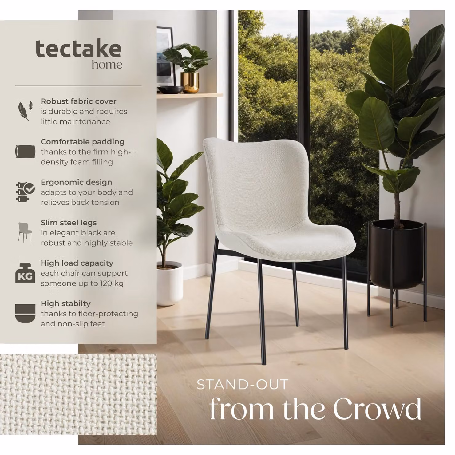 tectake Tessa Dining Chair in Off-White and Black Woven Fabric – 2