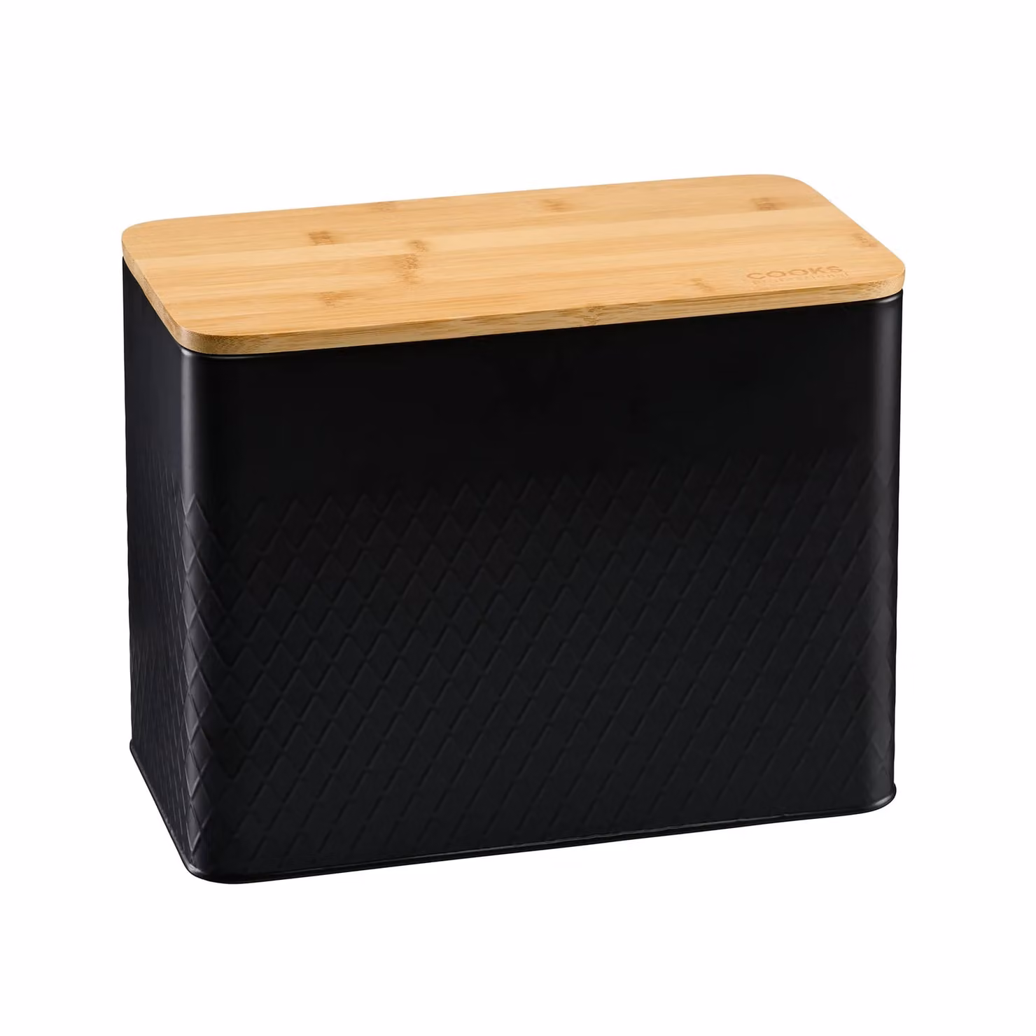 Cooks Professional Diamond Pattern Bread Bin with Linen Bag and Bamboo Cutting Board Lid, Black – 5