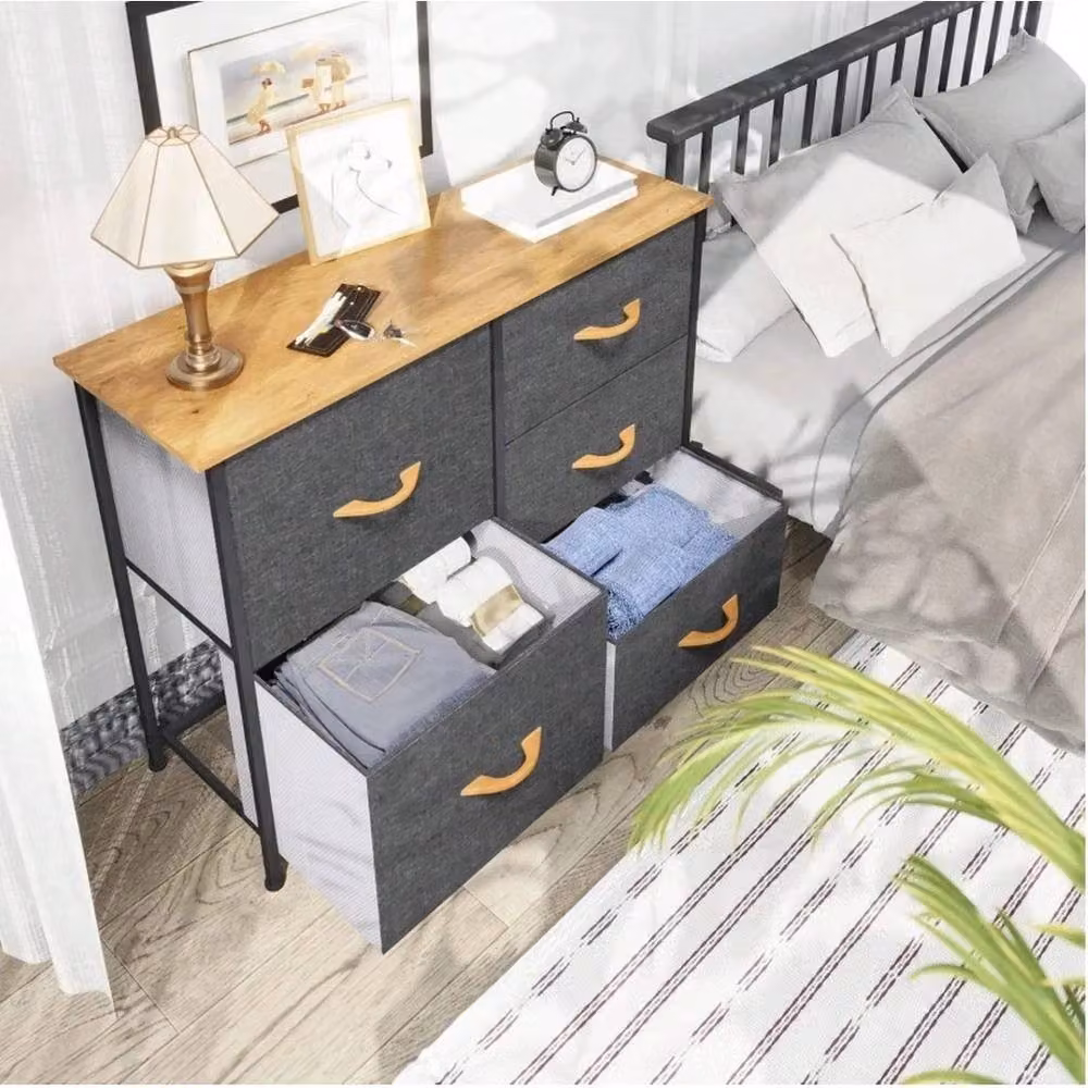 VOGREX 5 Drawer Fabric Storage Chest with Steel Frame and Wood Top in Dark Grey – 3