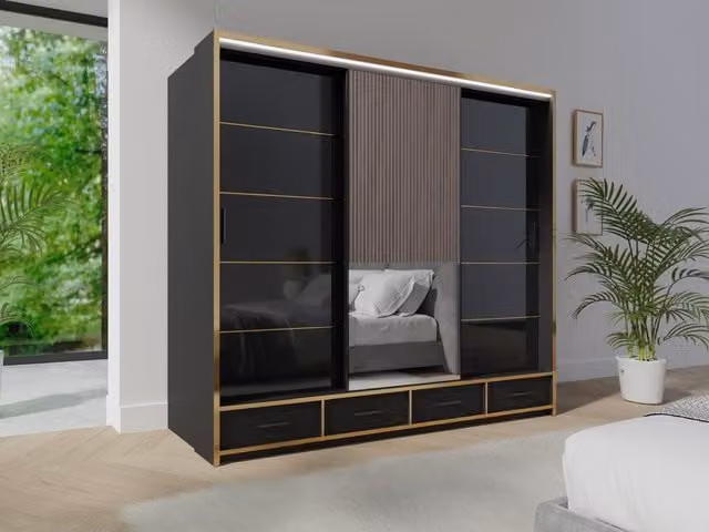 RAC3 Modern Sliding Wardrobe with Mirror, Integrated LED Lighting and Internal Drawers in Black, White and Gold
