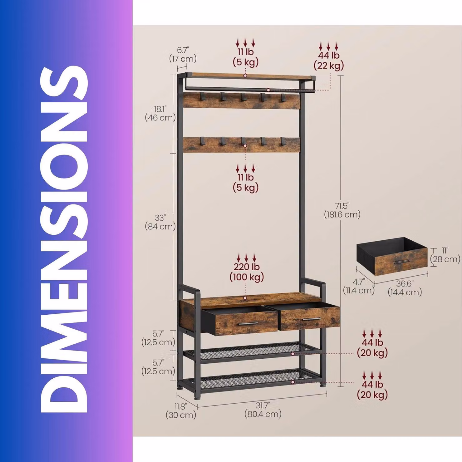 FURNOS Industrial Hall Tree Coat Rack and Shoe Storage Bench in Brown – 3