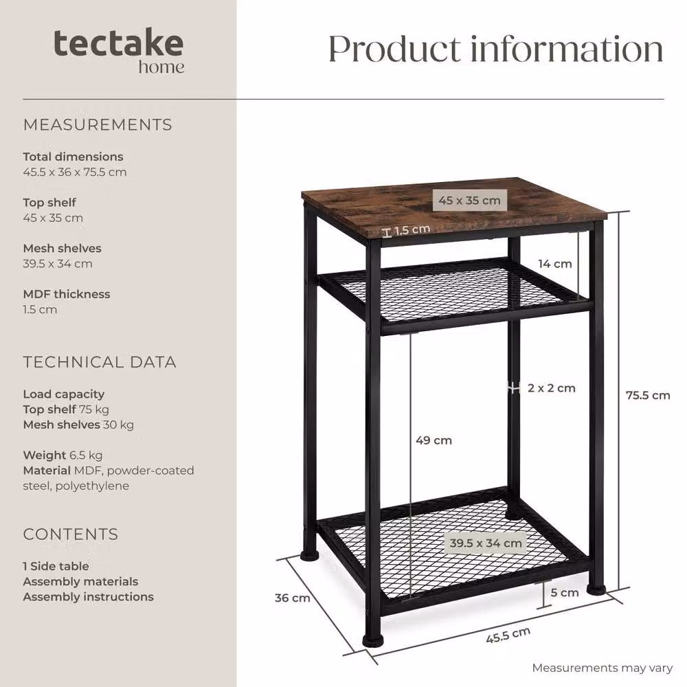 tectake 3-Tier Industrial Side Table with Wood-Look MDF Top and Metal Frame in Brown and Black, W/D/H: 45.5 x 36 x 75.5 cm – 10