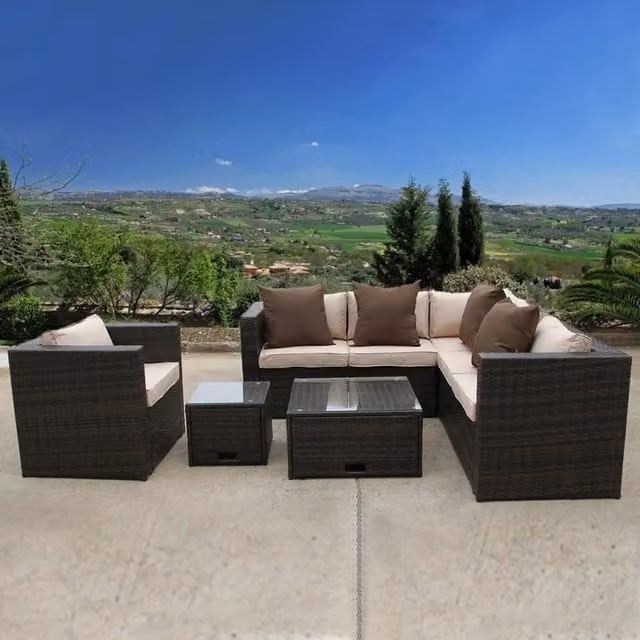 UK Leisure World Modern Brown Rattan Corner Modular Garden Set with Glass and Plastic Details