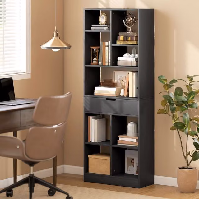 HOMCOM Modern Freestanding Bookcase Display Shelf with Drawer in Black