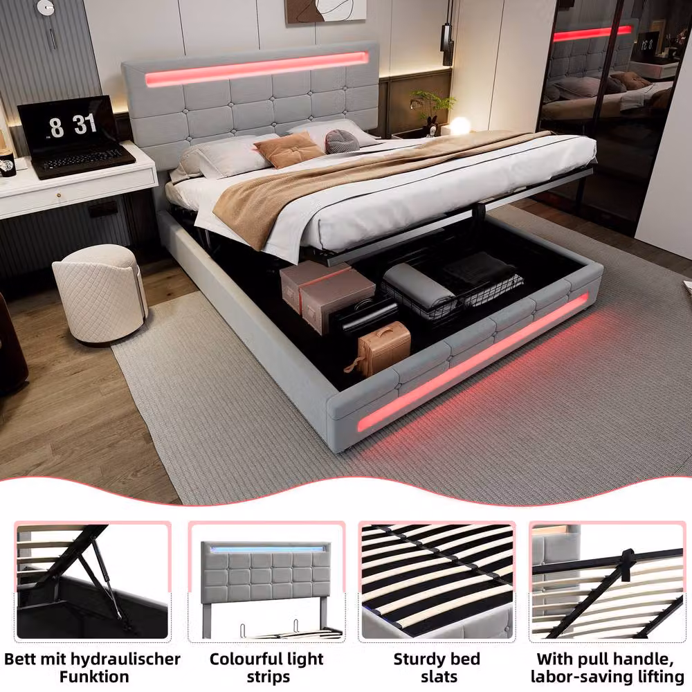 BTM Grey Velvet LED Bed with Hydraulic Storage and Under-Bed Lighting – 5