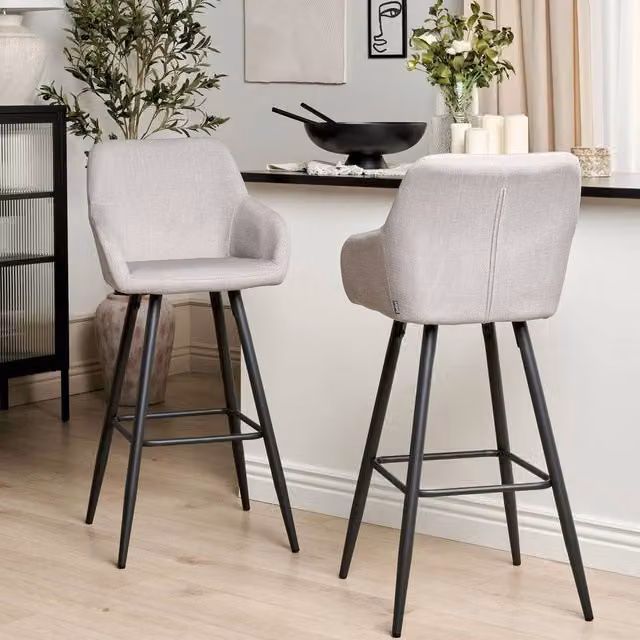 Wyld and Coco Taupe Velvet Bar Stool Set of 2 with Black Metal Legs and Armrests in Beige