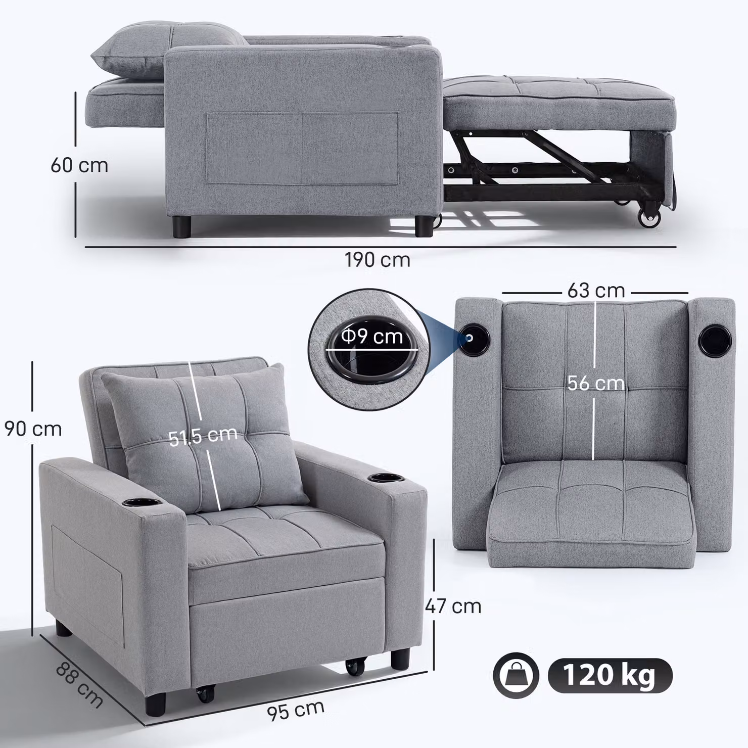 HOMCOM 3-in-1 Single Sofa Bed, Convertible Sleeper Chair with Armrests, Light Grey – 2