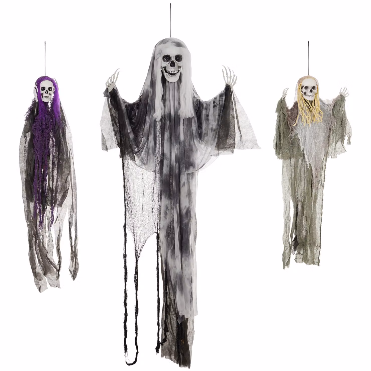 HOMCOM Set of 3 Multicolour Hanging Skeleton and Flying Ghost Halloween Decorations – 2