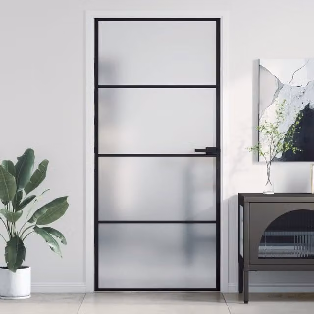 Berkfield Modern Slim Interior Door in Black with Tempered Glass and Aluminium, W: 93 cm, H: 201.5 cm