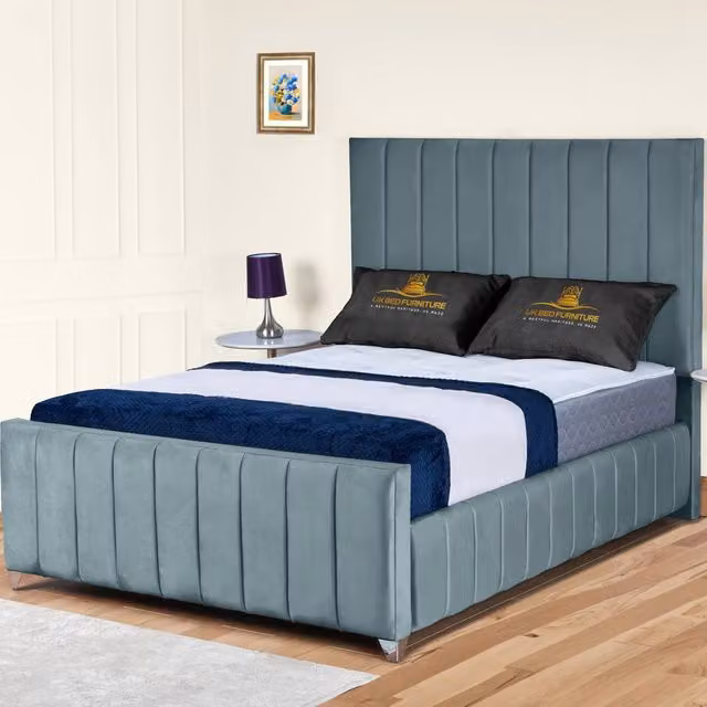 UK Bed Furniture Milano Upholstered Slatted Base Bed with 48 Inch Headboard in Light Blue, Size: Super King, W/D/H: 200 x 200 cm – 1