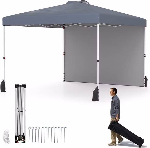 Costway Pop Up Canopy Tent with 1 Sidewall, Grey, W: 300 cm, D: 300 cm, H: 266 cm