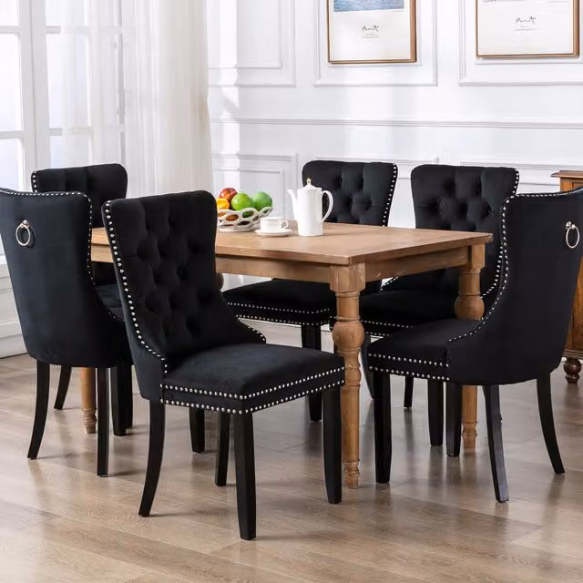 Modern Home Store Evelyn Velvet Dining Chairs in Black with Oak Wood Legs, Set of 6