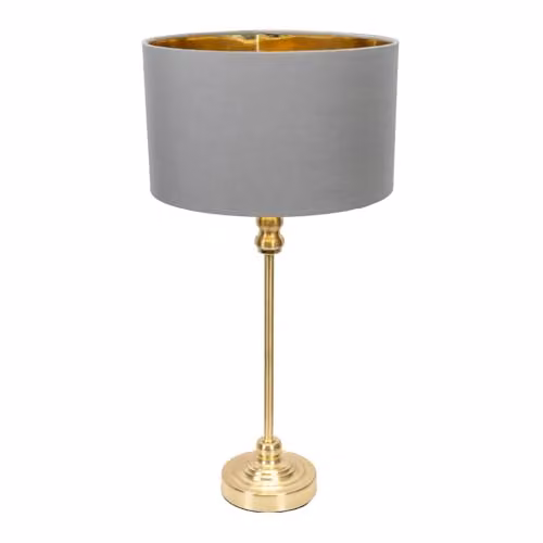 ValueLights Maggie Gold Metal Candlestick Table Lamp with Grey and Gold Fabric Drum Shade – 1