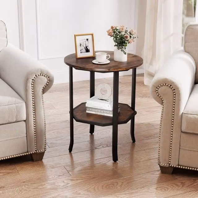 Costway 2-Tier Round Wooden Side Table with Storage Shelf in Brown