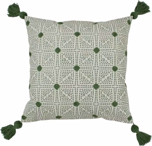 Chia Tufted Cotton Square Cushion in Green with Feather Filling