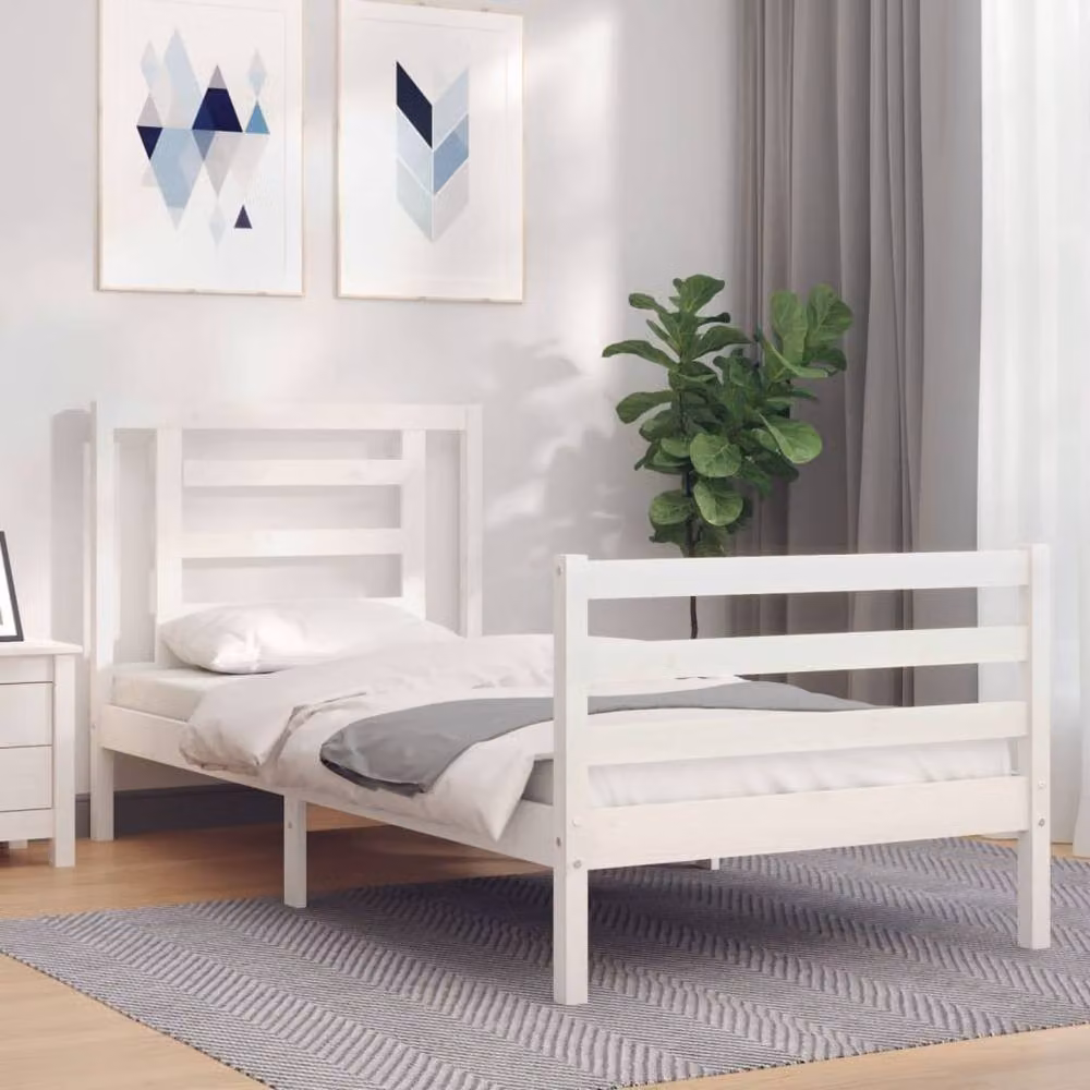 Berkfield Home Solid Wood Bed Frame with Headboard in White, W/D/H: 90 x 200 cm – 2
