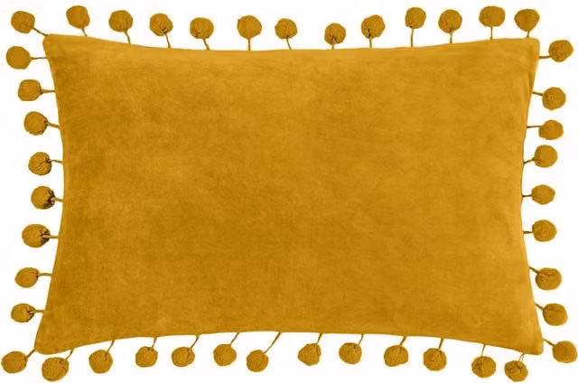 Dora Rectangular Velvet Pom Pom Cushion in Yellow with Feather Filling, W: 50 cm, H: 30 cm