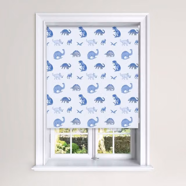 Kids Classic Designs Blue Dinosaur Blackout Roller Blinds with Child Safety, W: 120 cm, H: 140 cm