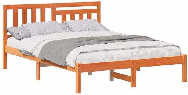 Berkfield Home Modern Solid Pine Wood Bed with Headboard in Wax Brown, W: 135 cm, L: 190 cm
