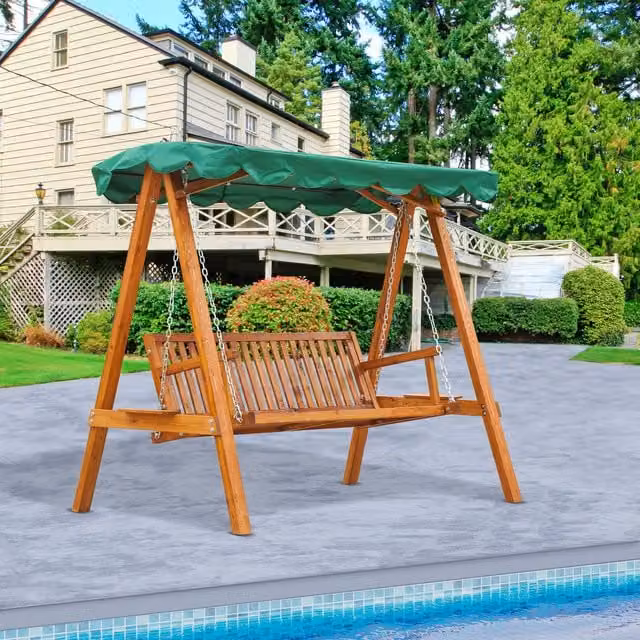 Outsunny 3 Seater Wooden Swing Chair with Sun Canopy in Green and Brown