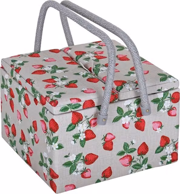 HobbyGift Large Twin Lid Square Sewing Box in Strawberry Pink and Red Multicolour