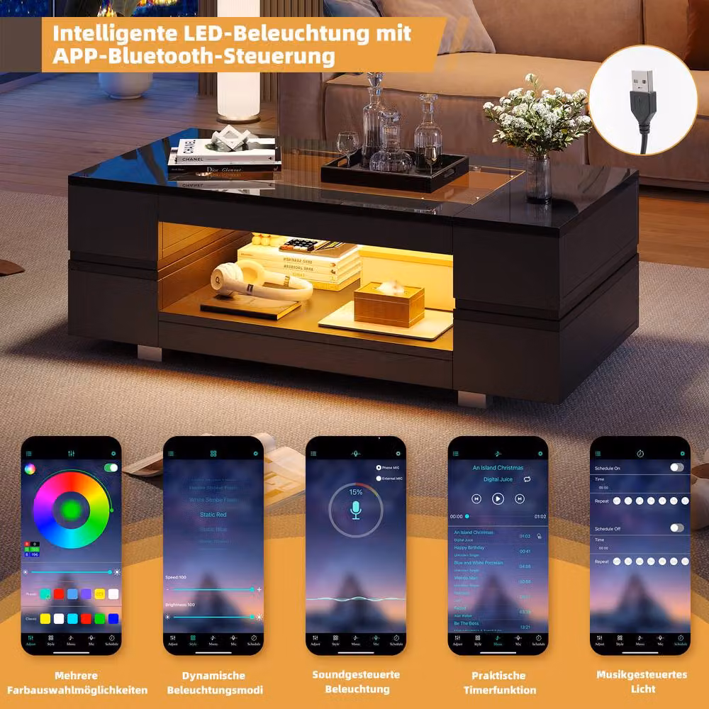 Rolipo Black High Gloss LED Coffee Table with Glass Top and Open Storage – 4