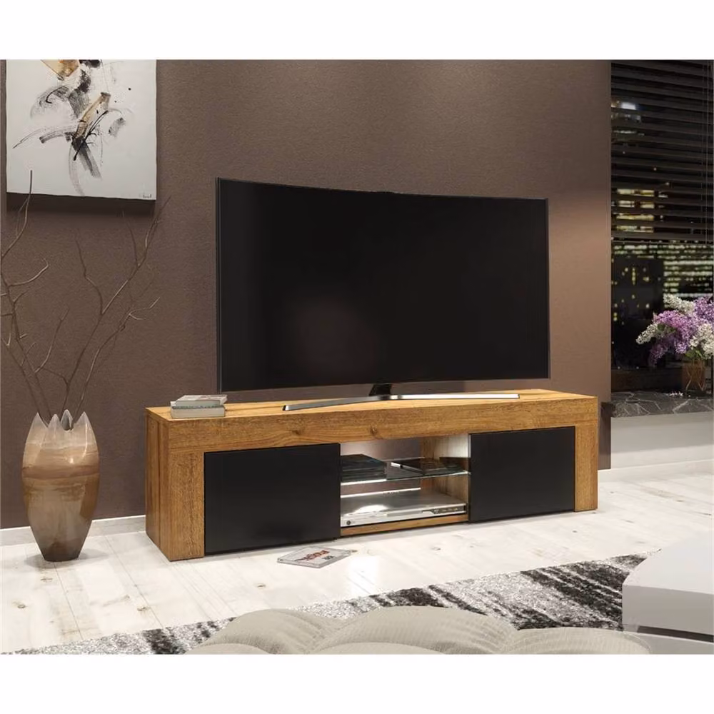 Mex Furniture PAWNORA TV Stand Cabinet in Oak Matt with Black Matt Fronts, Brown – 3