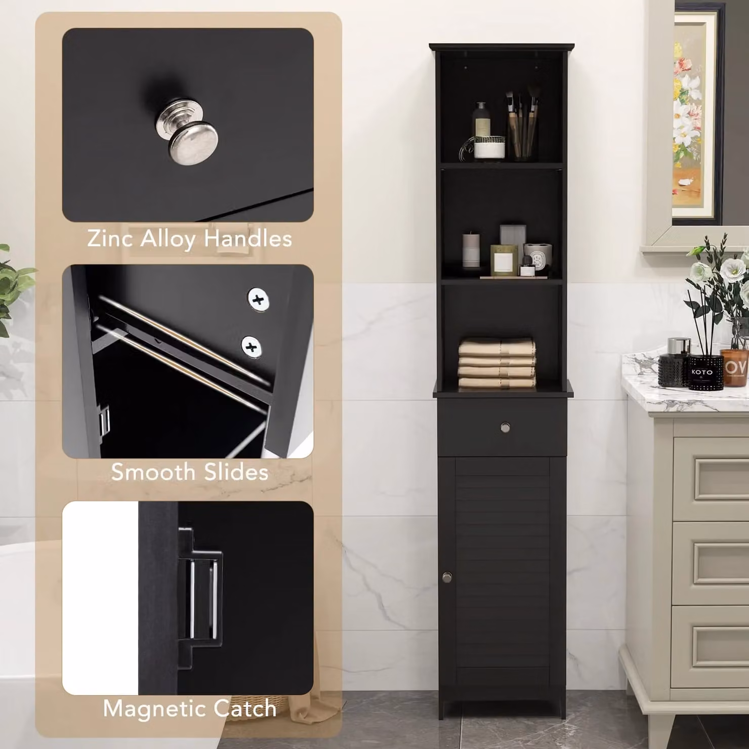 Gymax Modern Black Freestanding Bathroom Cabinet with Hinged Doors and Adjustable Internal Shelves, H 164 cm x W 30 cm x D 30 cm – 4