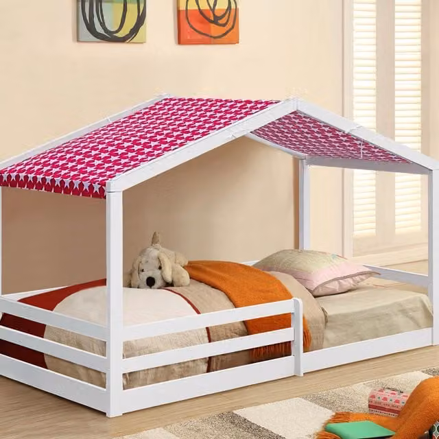 Comfy Living Single Wooden House Style Bed with Pink Fabric Tent, White, W/D/H: 90 x 190 cm