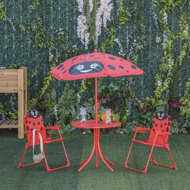 Outsunny Kids Garden Table and Chairs Set with Adjustable Umbrella in Red