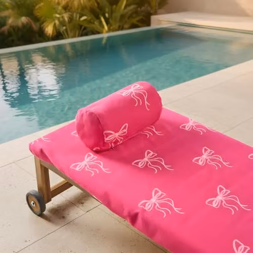 OHS Pink Bow Print Microfibre Beach Towel and Inflatable Bolster Pillow Set