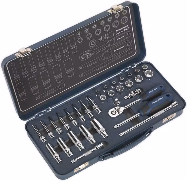 Loops 32 Piece 1/4 Inch Metric Socket Set with 6 Point Lock-On Rounded Heads in Silver and Multicolour – 1