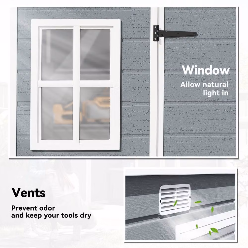 Outsunny Plastic Pent Garden Shed with Floor and Lockable Doors, Light Grey, W: 300 cm x D: 100 cm – 4