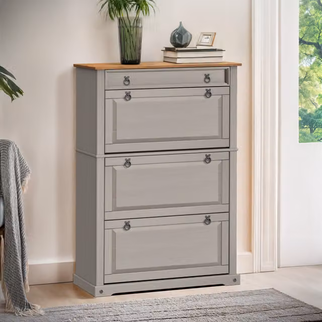 Mercers Furniture Corona Rustic Grey Waxed Pine Shoe Rack Chest with Tilting Compartments and Drawer, H 138 x W 99 x D 32 cm