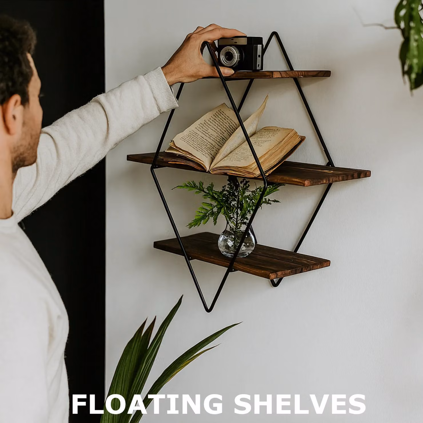 Rafaelo Mobilia Industrial 3 Tier Brown Wooden Diamond Shape Floating Wall Shelf – 4